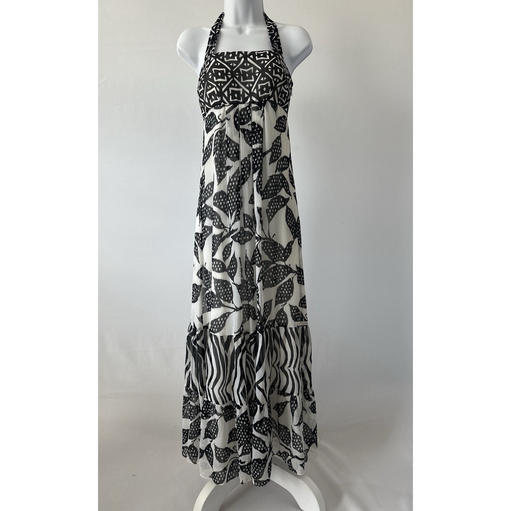 WHITE HOUSE BLACK MARKET WHBM Ikat Floral Maxi Padded Halter Dress Sz: 0 (b64)